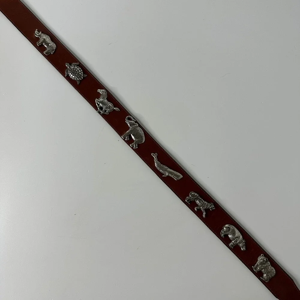Honest Brighton Brown Leather Belt Silver Tone 3D Animals Safari Vtg 90s Sz 30